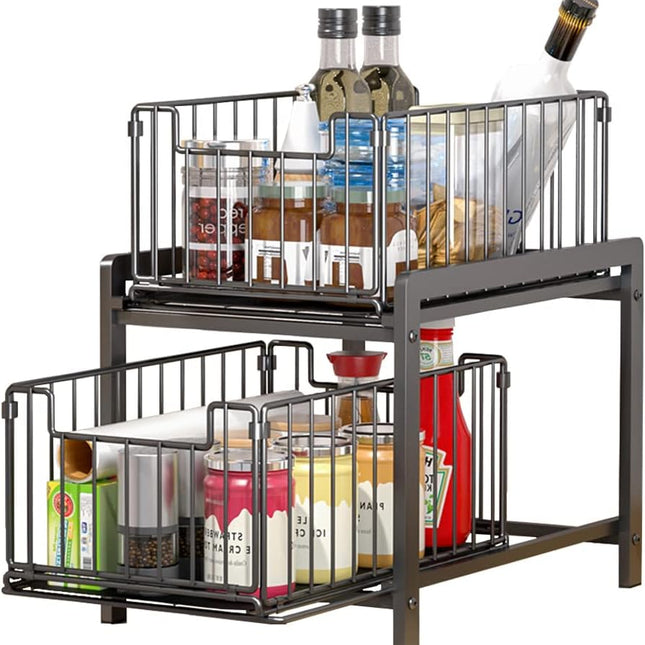 CARLA HOME 2 Tier Sliding Cabinet Organizer Drawer Storage Rack for Kitchen or Bathroom