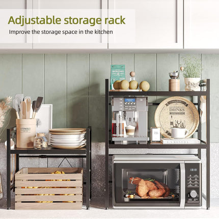 CARLA HOME 2-Tier Microwave Oven Rack with Adjustable Metal Kitchen Shelf Stand for Countertop Storage and 6 Hooks for Utensils (Black) 4