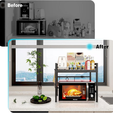 CARLA HOME 2-Tier Microwave Oven Rack with Adjustable Metal Kitchen Shelf Stand for Countertop Storage and 6 Hooks for Utensils (Black) 6