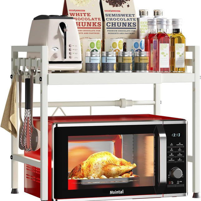 CARLA HOME 2-Tier Microwave Oven Rack with Adjustable Metal Kitchen Shelf Stand for Countertop Storage and 6 Hooks for Utensils (White)