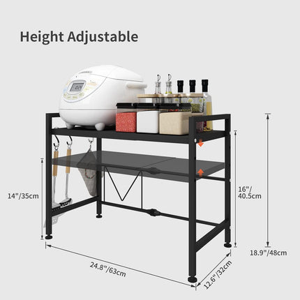 CARLA HOME 2-Tier Microwave Oven Rack with Adjustable Metal Kitchen Shelf Stand for Countertop Storage and 6 Hooks for Utensils (White) 3