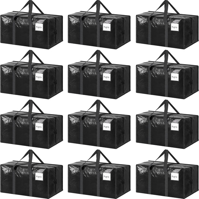 CARLA HOME 12-Pack Large Moving Storage Bags with Zippers & Handles with 95 Liters Capacity for Space Saving, Travel, Camping & Organization (Black)