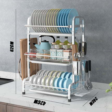 3 Tier Dish Drying Rack Silver 43cm High 60cm 2