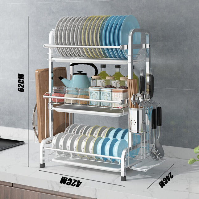 3 Tier Dish Drying Rack Silver 43cm High 60cm 2