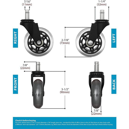 3 Swivel Rollerblade Chair Wheels, 7/16 Stem, All Floors - 5 Pack 5