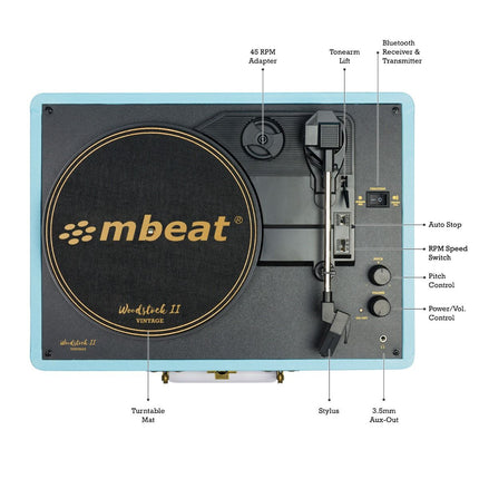 mbeat Woodstock II Sky Blue Retro Bluetooth (TX/RX) Turntable 2