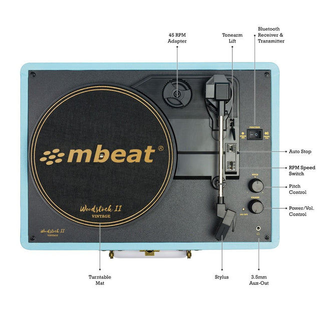 mbeat Woodstock II Sky Blue Retro Bluetooth (TX/RX) Turntable 2