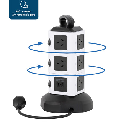 Tower Power Board with 10 Outlets + 2X USB A & 2X USB C 3