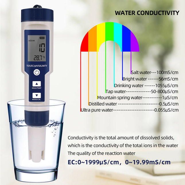 5-IN-1 Digital Water Quality Tester Waterproof pH TDS EC Temperature Meter Pool 2