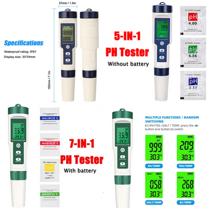 Set 7 In 1 and 5 in 1 PH Meter TDS/EC/Salt/Temp Water Quality Monitor Tester Pen 10