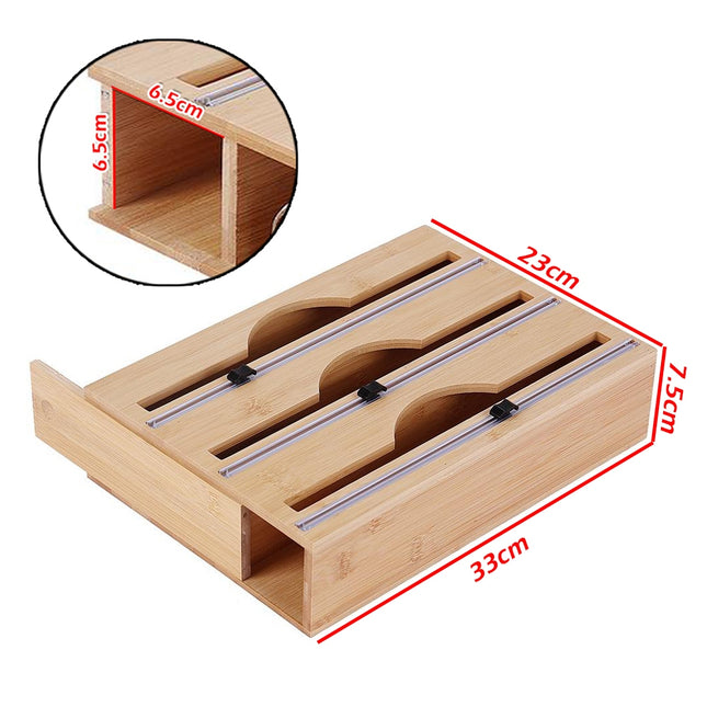 3 Grids Bamboo Food Wrap Dispenser Cutter Foil Cling Film Storage Holder Box Kitchen 2