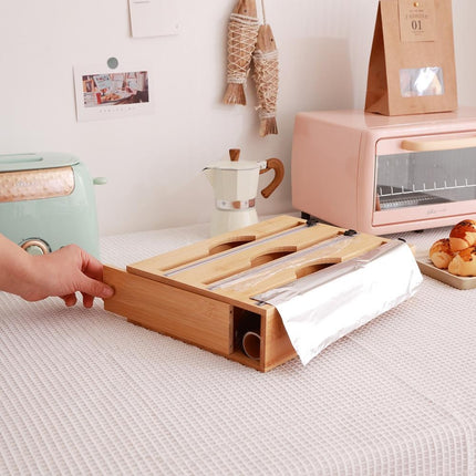 3 Grids Bamboo Food Wrap Dispenser Cutter Foil Cling Film Storage Holder Box Kitchen 3