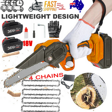 6" Mini Orange Cordless Electric Chainsaw 2X Battery-Powered Wood Cutter Rechargeable 11