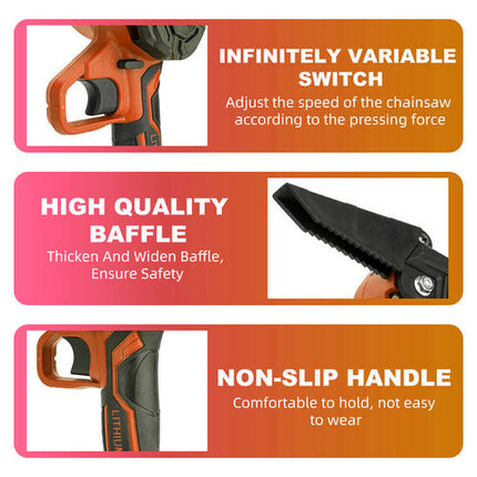 6" Mini Orange Cordless Electric Chainsaw 2X Battery-Powered Wood Cutter Rechargeable 10