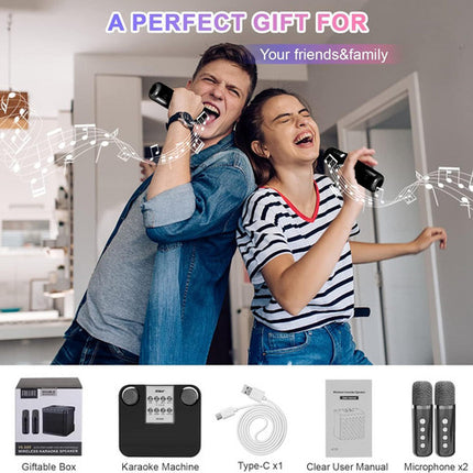 Black Karaoke Machine with 2 Wireless Microphones Bluetooth-Compatible 5.0 for Parties 5