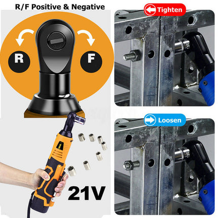 21V 3/8'' 100N.m Electric Right Angle Ratchet Wrench Charger+ 2 Battery 4