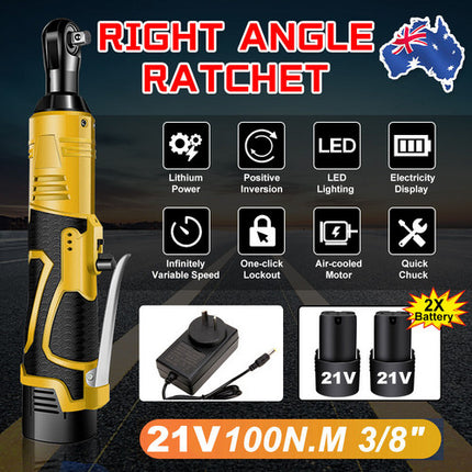 21V 3/8'' 100N.m Electric Right Angle Ratchet Wrench Charger+ 2 Battery 7