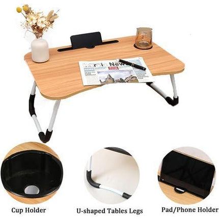 Wood Laptop Stand Table Foldable Desk Computer Study Bed Adjustable Cup Slot Tray 3