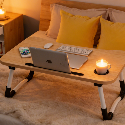 Light Wood Laptop Stand Table Foldable Desk Computer Study Bed Adjustable Cup Slot Tray 3