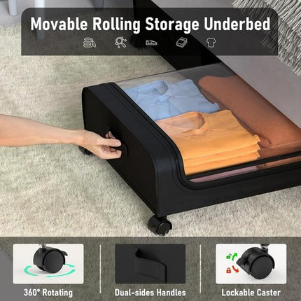 Black Square Under-Bed Storage Rack with Wheels Sturdy Easy to Move for Bedroom AU 6