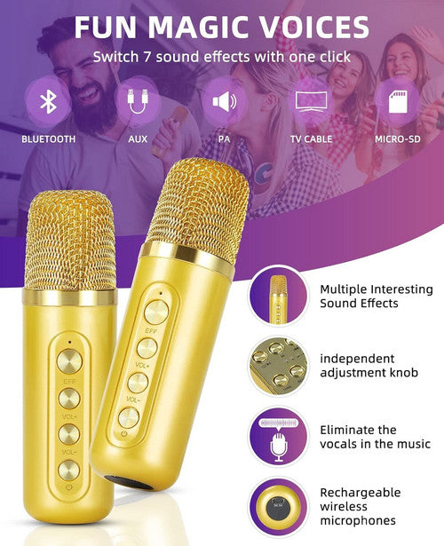 Gold Karaoke Machine with 2 Wireless Microphones Bluetooth-Compatible 5.0 for Parties 2