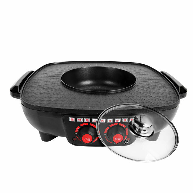 Electric 2 in 1 Hot Pot BBQ Oven Smokeless Barbecue Pan Grill Hotpot Machine 2