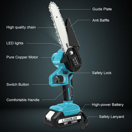 6" Mini Cordless Electric Chainsaw 2X Battery-Powered Wood Cutter Rechargeable 11