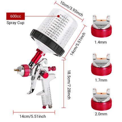 Air HVLP Spray Gun Paint Gun 600CC Gravity Feed Cup 1.4mm 1.7mm 2mm Tip AU Stock 2