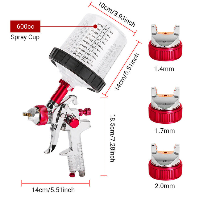Air HVLP Spray Gun Paint Gun 600CC Gravity Feed Cup 1.4mm 1.7mm 2mm Tip AU Stock 2