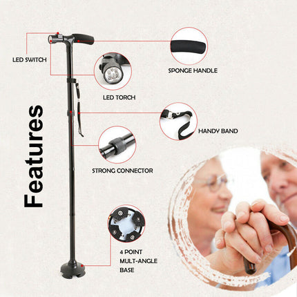Walking Stick Cane Folding Handle Adjustable fixed LED Light Aid Holder Lighting 9