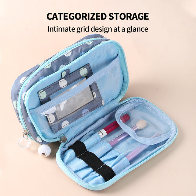 2 Layer Makeup Bag w/ Mirror Travel Cosmetic Bag Organizer Brush Slots Portable 2