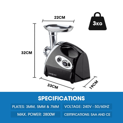 EUROCHEF Electric Meat Grinder, Stainless Steel Mincer Sausage Filler Kibbe Maker, Black 5