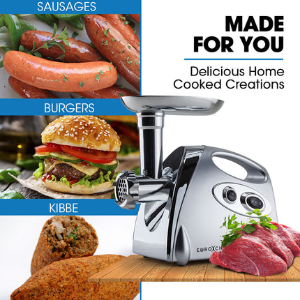 EUROCHEF Electric Meat Grinder, Stainless Steel Mincer Sausage Filler Kibbe Maker, Silver 2