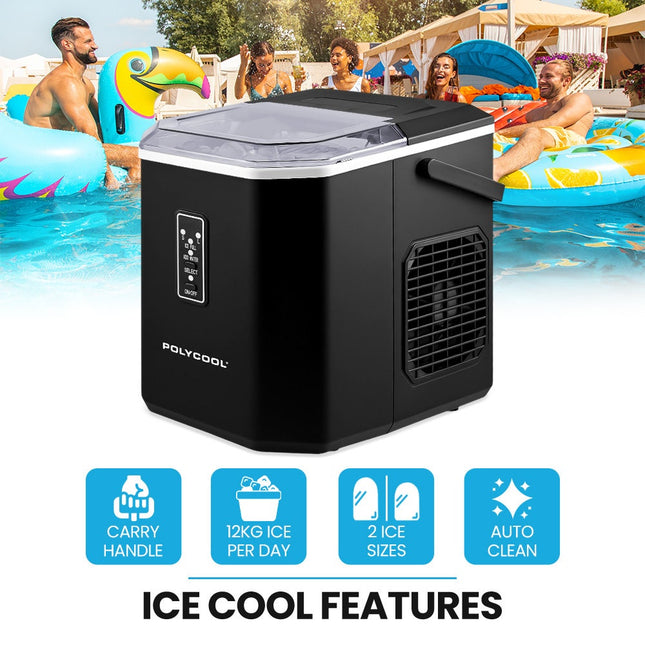 POLYCOOL Portable Ice Maker Machine, Automatic, 12kg/day,  Auto Clean, with Scoop and Removable Basket, Black 2