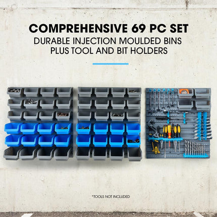 BAUMR-AG 69pc Wall Mounted Parts Bin Rack with Tool Holders - Blue 2