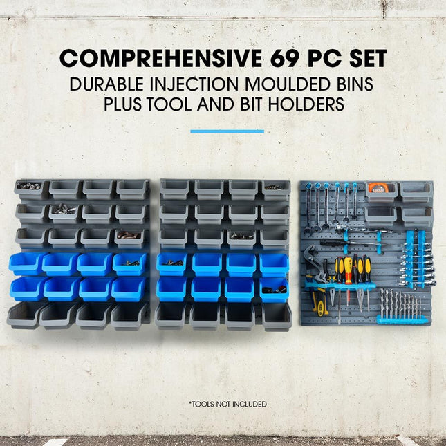 BAUMR-AG 69pc Wall Mounted Parts Bin Rack with Tool Holders - Blue 2
