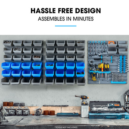 BAUMR-AG 69pc Wall Mounted Parts Bin Rack with Tool Holders - Blue 9