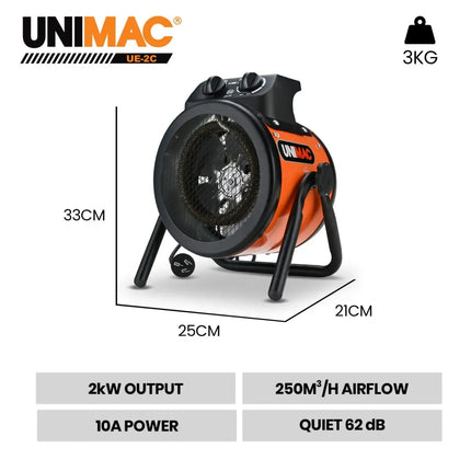 UNIMAC 2kW Industrial Electric Space Fan Heater, Tilt Angle, Fast Heating, 2 Heat Settings, Portable for Workshop and Garage Use 2
