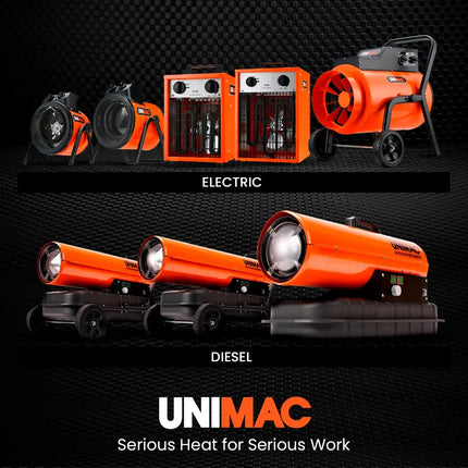 UNIMAC 2kW Industrial Electric Space Fan Heater, Tilt Angle, Fast Heating, 2 Heat Settings, Portable for Workshop and Garage Use 9