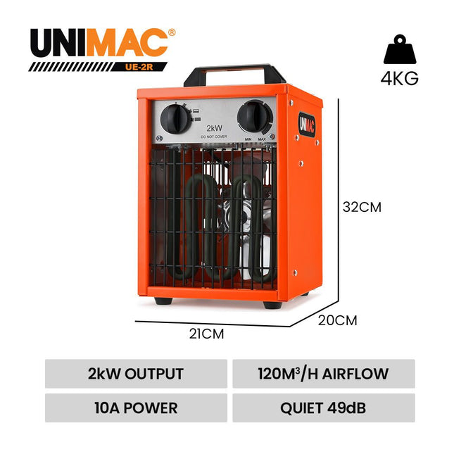 UNIMAC 2kW Industrial Electric Fan Heater, 2 Heat Settings, Fast Heating, Compact Portable Box Design for Workshop and Garage Use 2