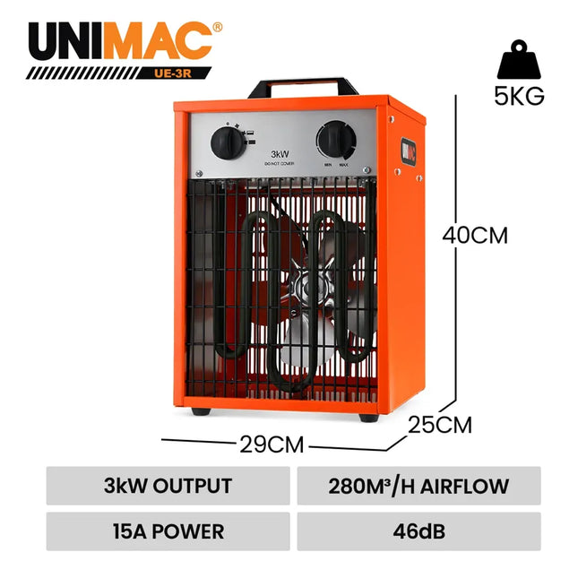 UNIMAC 3kW Industrial Electric Fan Heater, 15A, Adjustable Thermostat, 2 Heat Settings, Fast Heating, Compact Portable Box Design for Workshop and Garage Use 2