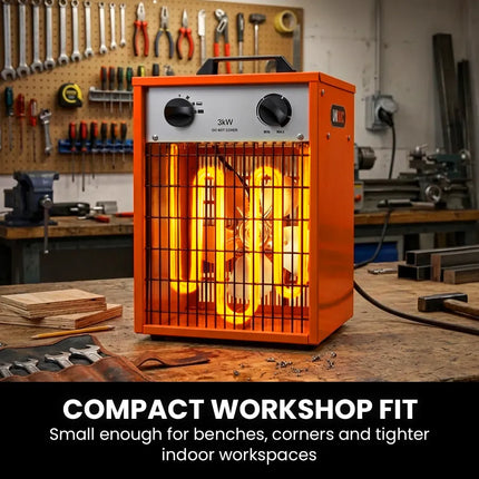 UNIMAC 3kW Industrial Electric Fan Heater, 15A, Adjustable Thermostat, 2 Heat Settings, Fast Heating, Compact Portable Box Design for Workshop and Garage Use 5