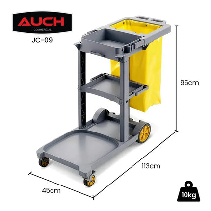 AUCH Janitor Cleaning Trolley, Housekeeping Cart, 3 Shelves, Tool Storage Clamp, Wet Sign Hook, Quiet Wheels, Grey 2
