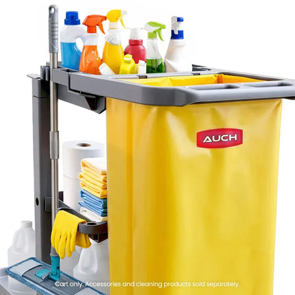 AUCH Janitor Cleaning Trolley, Housekeeping Cart, 3 Shelves, Tool Storage Clamp, Wet Sign Hook, Quiet Wheels, Grey 3