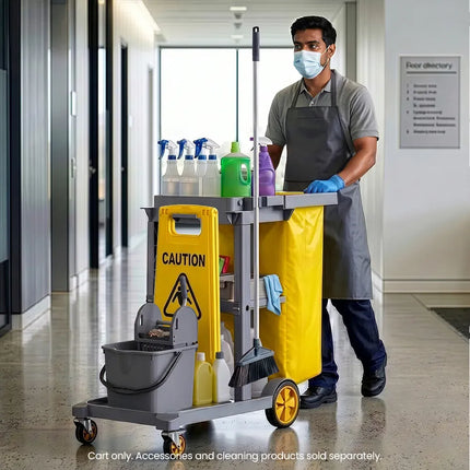 AUCH Janitor Cleaning Trolley, Housekeeping Cart, 3 Shelves, Tool Storage Clamp, Wet Sign Hook, Quiet Wheels, Grey 5