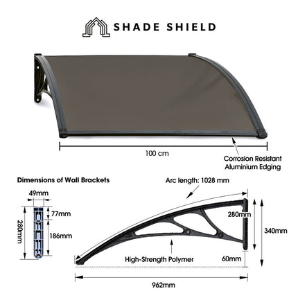SHADE SHIELD 1x1m Aluminium Exterior Awning, Black DIY External UV Rain Protection Grey Tinted Polycarbonate Canopy Cover 2