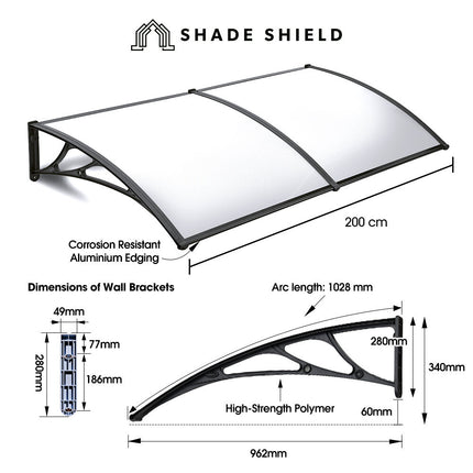 SHADE SHIELD 2x1m Aluminium Exterior Awning, Black DIY External UV Rain Protection Clear Polycarbonate Canopy Cover 2