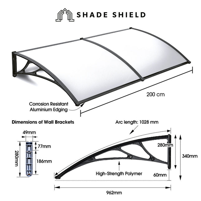 SHADE SHIELD 2x1m Aluminium Exterior Awning, Black DIY External UV Rain Protection Clear Polycarbonate Canopy Cover 2