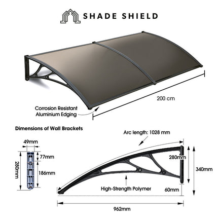 SHADE SHIELD 2x1m Aluminium Exterior Awning, Black DIY External UV Rain Protection Grey Tinted Polycarbonate Canopy Cover 2