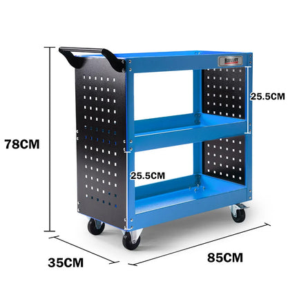 Bullet 3-Tier Steel Tool Trolley Cart, for Workshop, Mechanic, with Pegboard, Screwdriver Bay, Blue 2